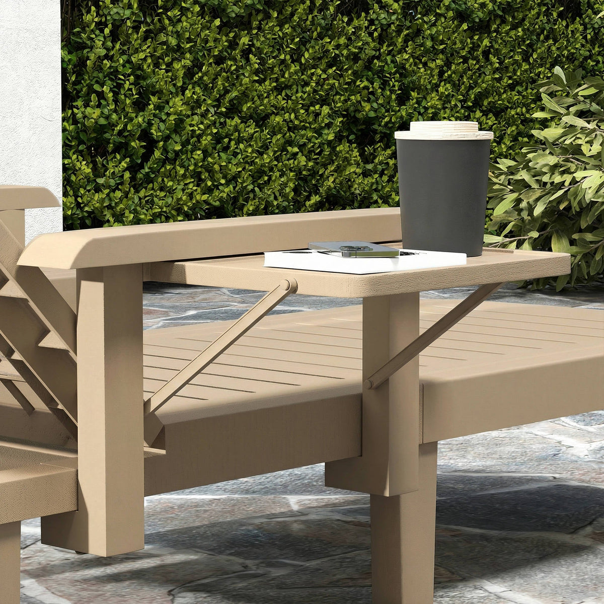 Set of 2 Resin Sun Loungers with Foldable Side Table, Khaki