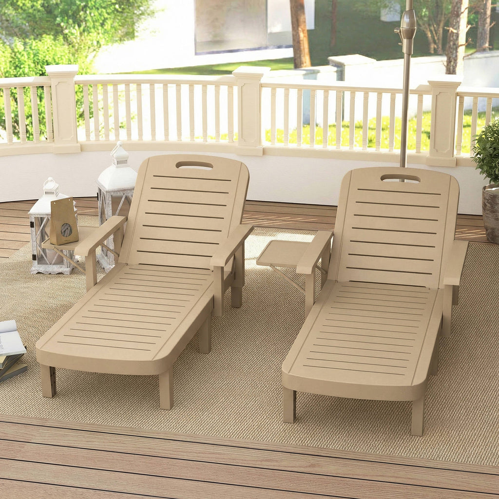 Set of 2 Resin Sun Loungers with Foldable Side Table, Khaki