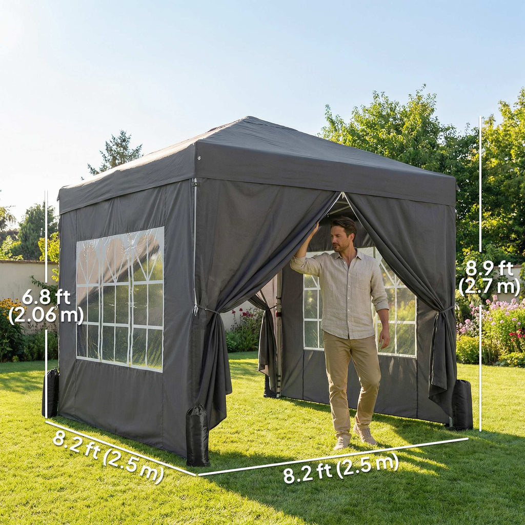 8.2 x 8.2 ft Pop-Up Canopy Tent with 4 Sidewalls & Sandbags, Dark Grey