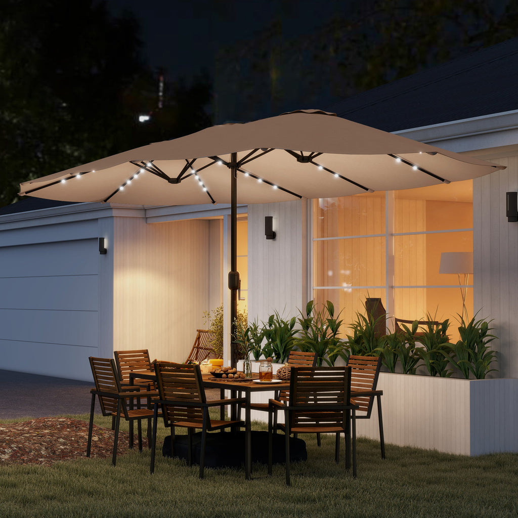 4.5 m Double-Sided Garden Parasol with LED Lights, Base & Sandbags, Khaki