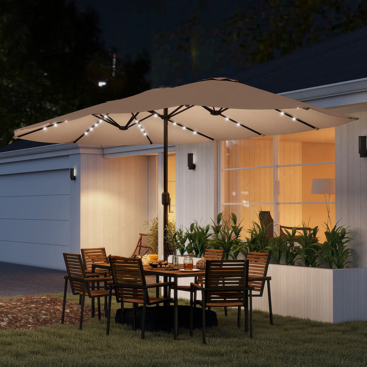 4.5 m Double-Sided Garden Parasol with LED Lights, Base & Sandbags, Khaki
