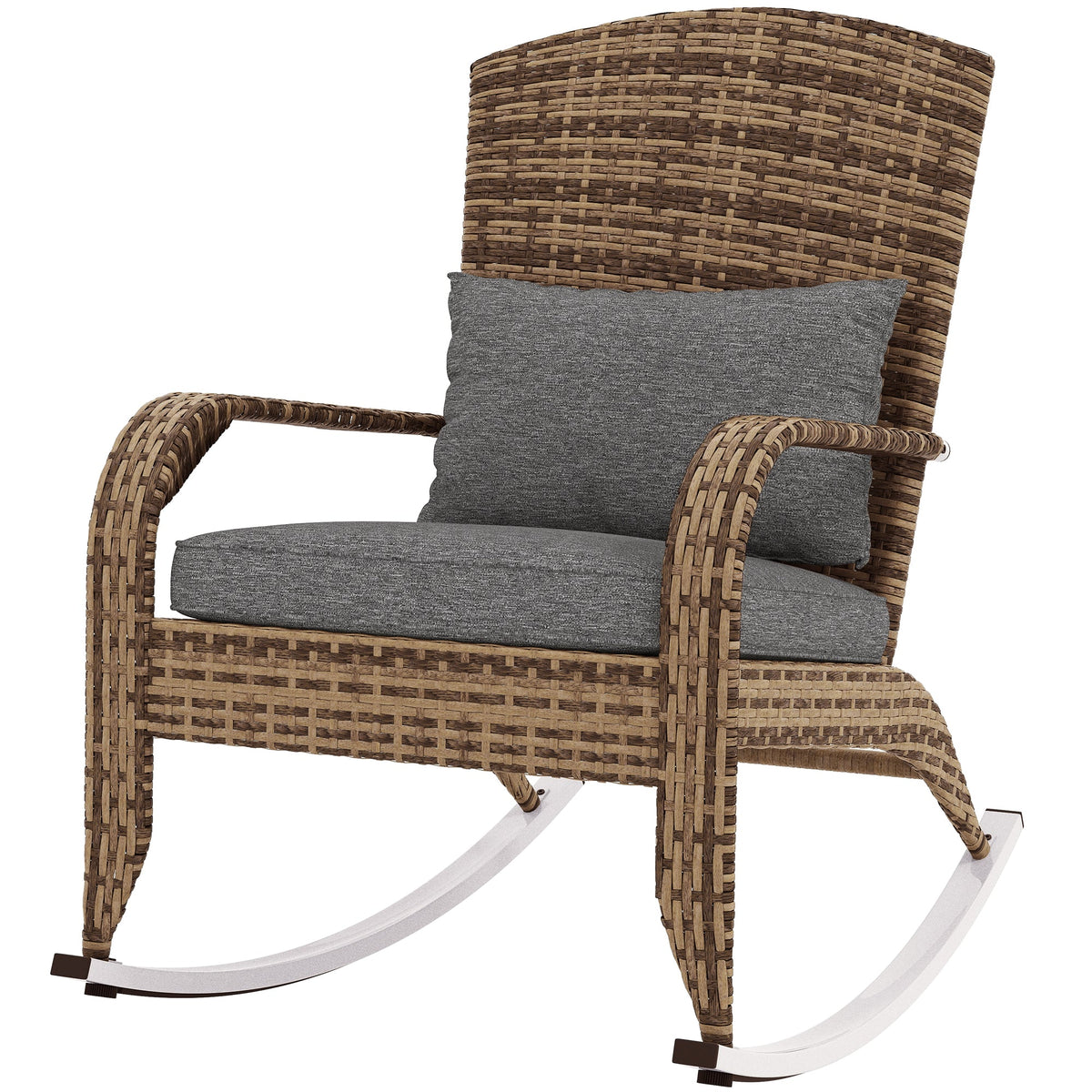 Wicker Adirondack Rocking Chair with Cushion and Pillow, Grey/Mixed Yellow