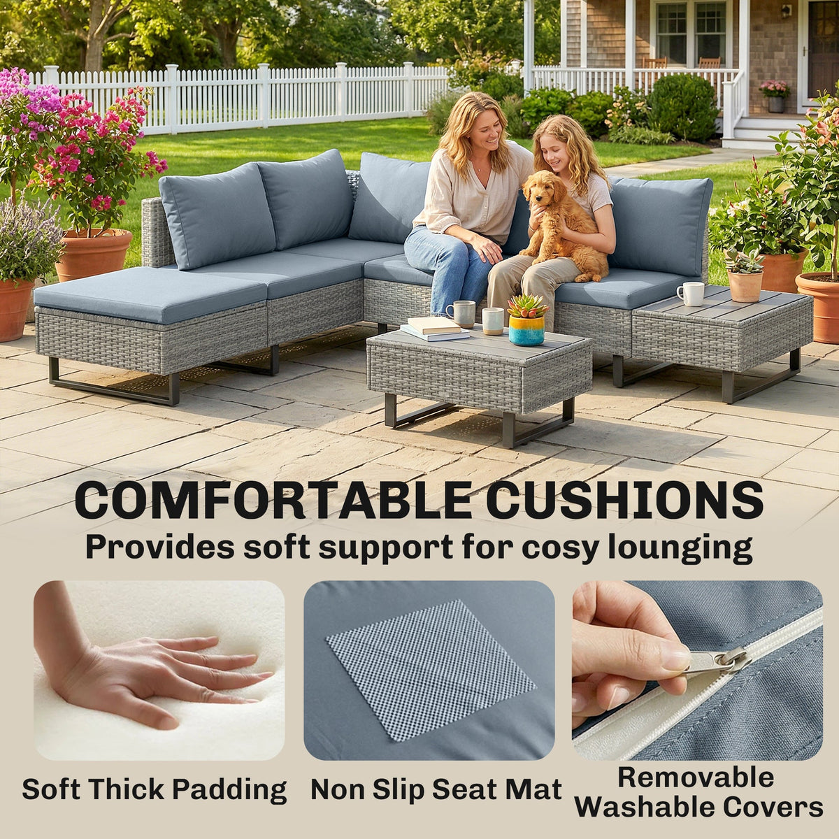 5-Seater Rattan Corner Sofa with Adjustable Backs, Table & Cushions, Grey