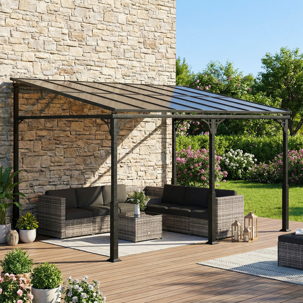 4 x 3 m Metal Lean-to Pergola with Polycarbonate Roof, Brown