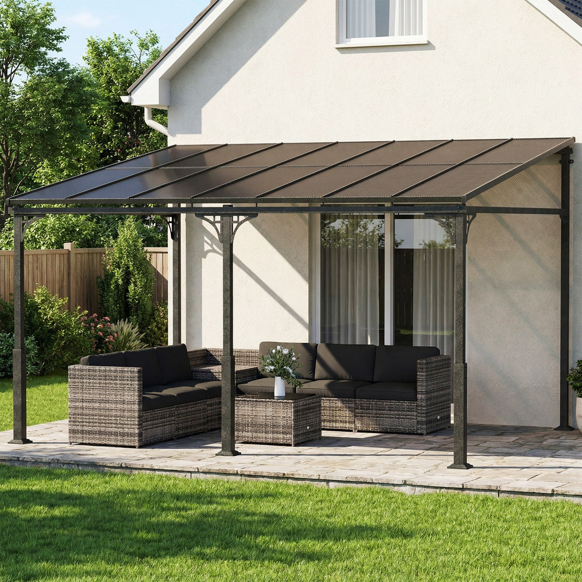 4 x 3 m Metal Lean-to Pergola with Polycarbonate Roof, Brown