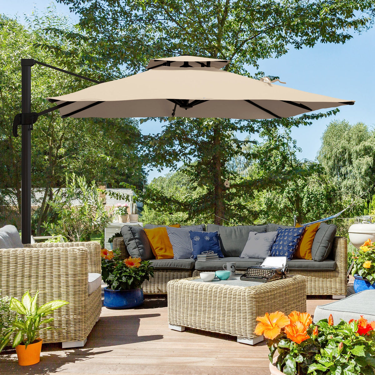 10ft Square Cantilever Patio Umbrella with 360° Rotation and Double Canopy, Khaki