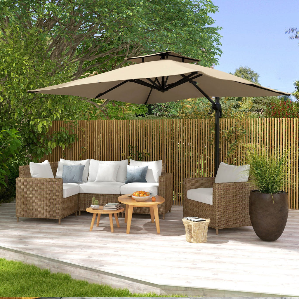 10ft Square Cantilever Patio Umbrella with 360° Rotation and Double Canopy, Khaki