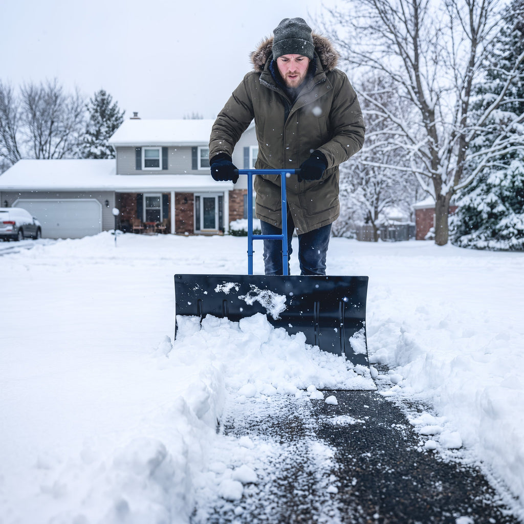 Heavy-Duty Metal Snow Pusher with Wheels, Adjustable Handle, 29" x 18" Blue