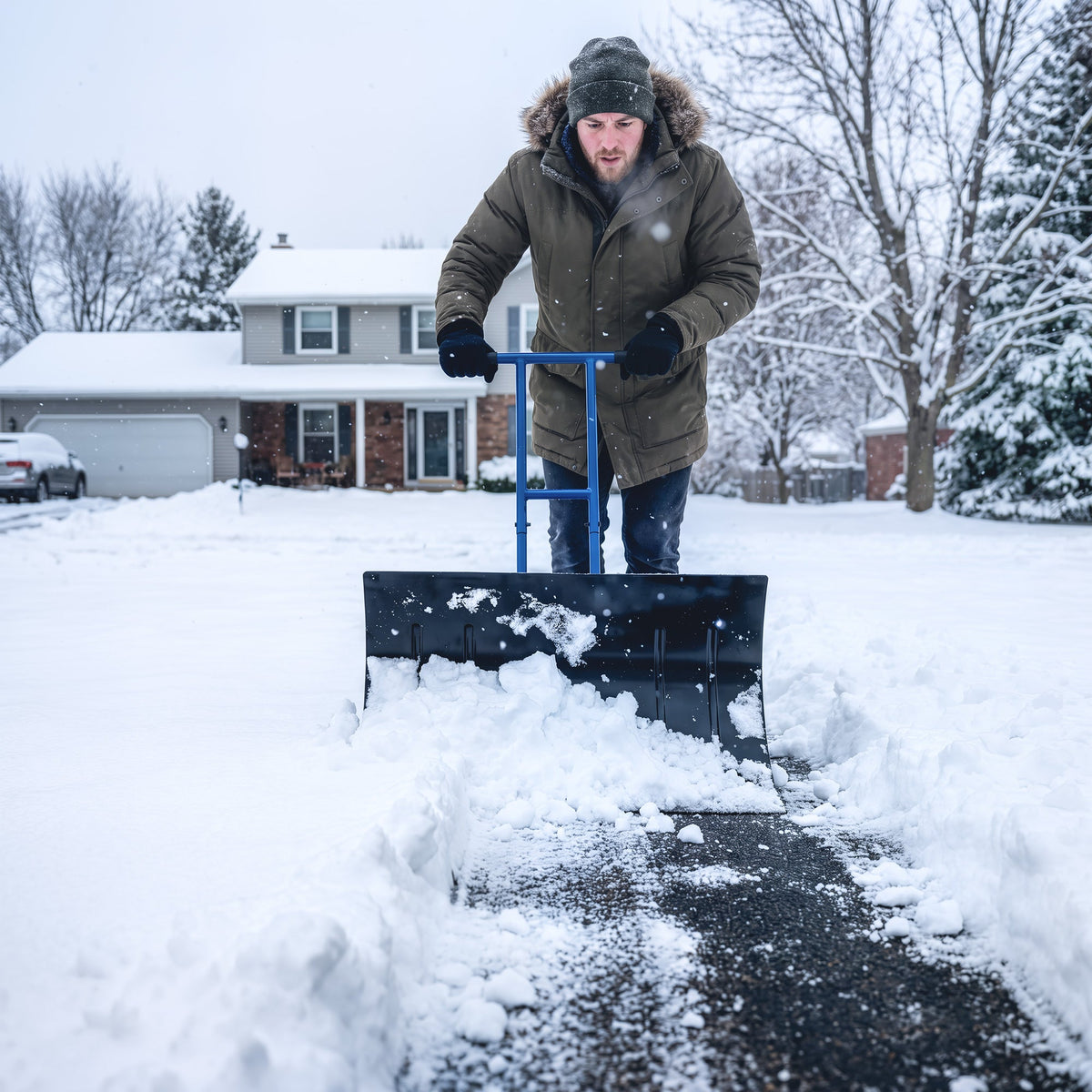 Heavy-Duty Metal Snow Pusher with Wheels, Adjustable Handle, 29" x 18" Blue