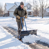 Heavy-Duty Metal Snow Pusher with Wheels, Adjustable Handle, 29" x 18" Blue