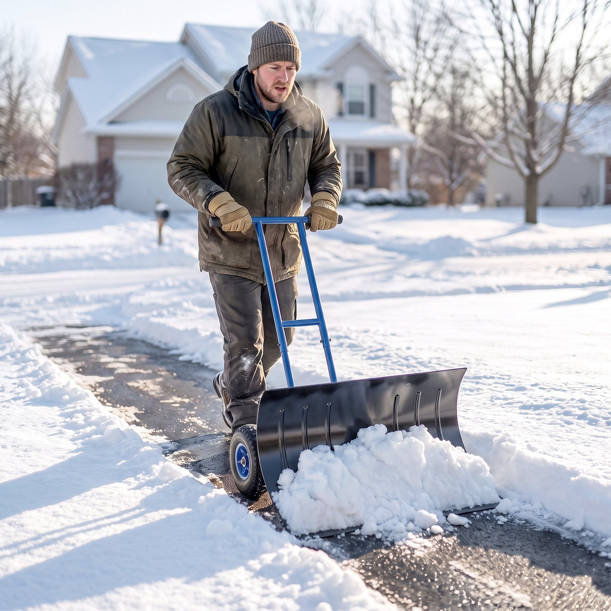 Heavy-Duty Metal Snow Pusher with Wheels, Adjustable Handle, 29" x 18" Blue