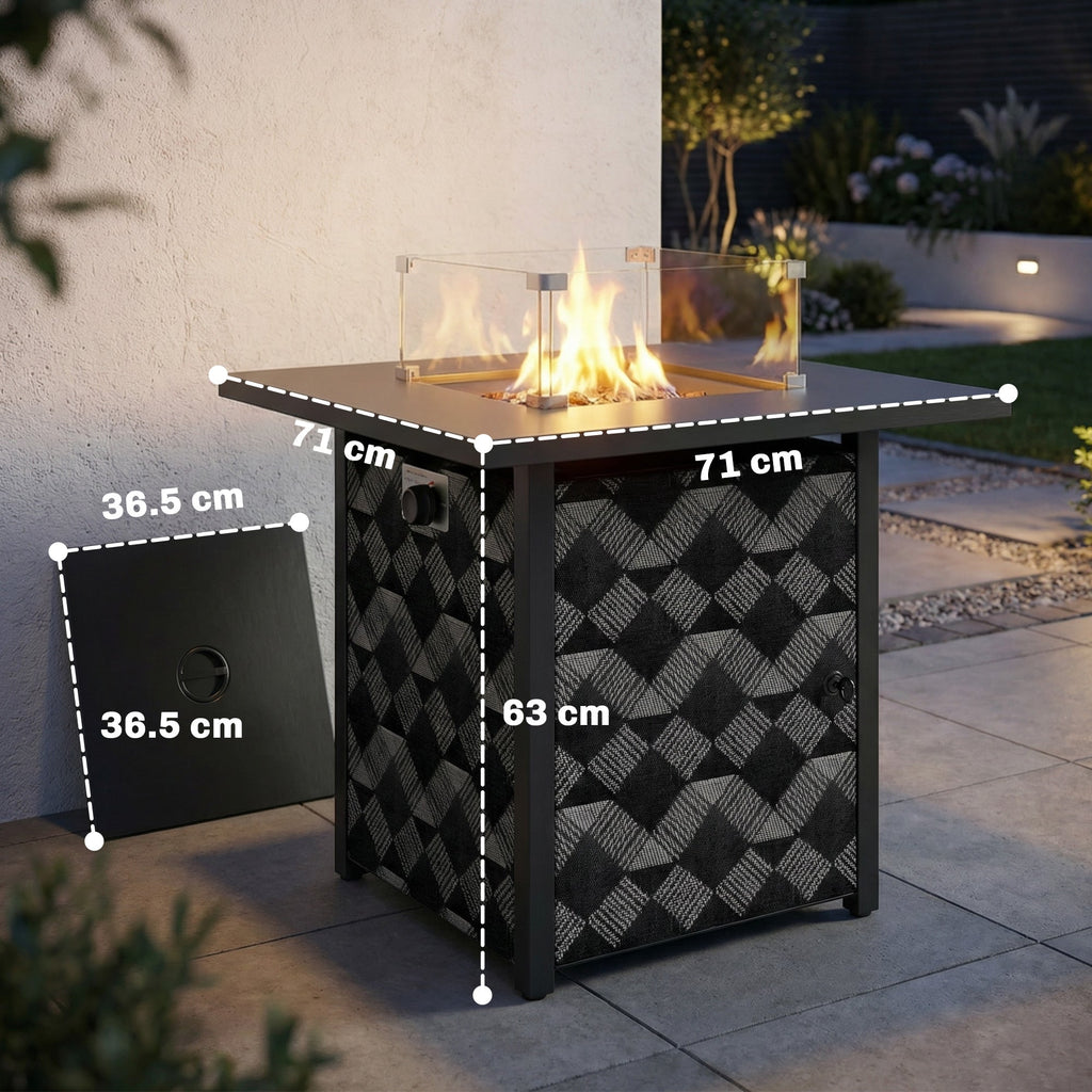 12 KW Square Propane Gas Fire Pit Table with Wind Guard, Black
