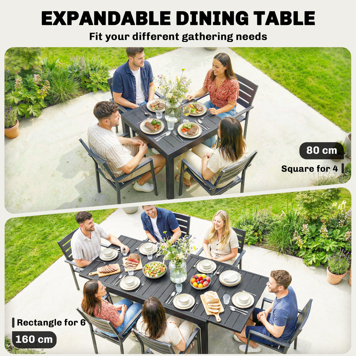 80-160 cm Extendable Aluminium Garden Table for 4-6 People, Black