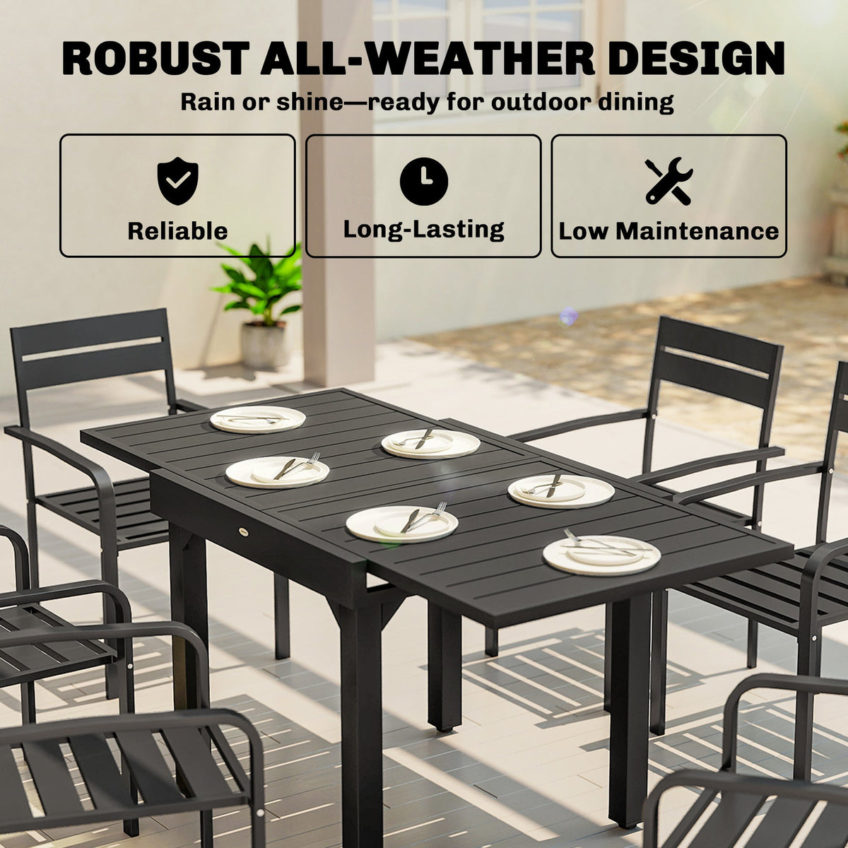 80-160 cm Extendable Aluminium Garden Table for 4-6 People, Black