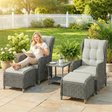 5 Piece Rattan Reclining Chair Set with Footstool and Glass Table, Cream White