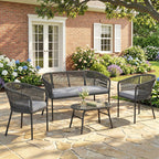 ARVOYA 4-Piece Rope Sofa Set with Loveseat, 2 Chairs & Tempered Glass Table, Dark Grey