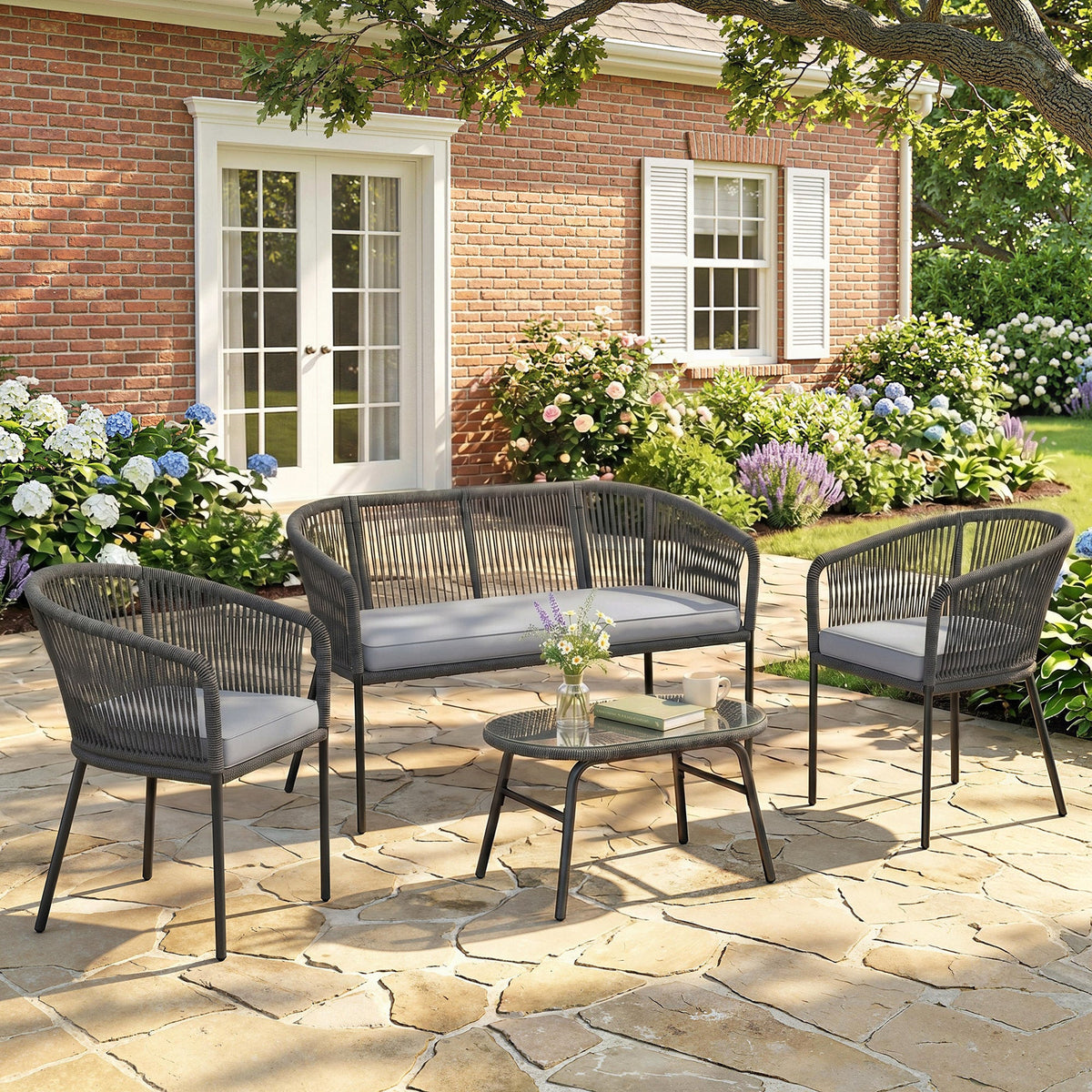 ARVOYA 4-Piece Rope Sofa Set with Loveseat, 2 Chairs & Tempered Glass Table, Dark Grey