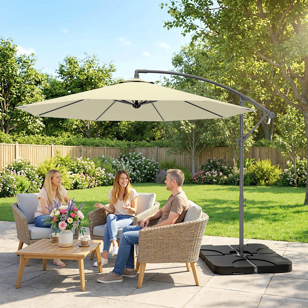 3 m Cantilever Parasol with Weights, Cover & Cross Base, Sand