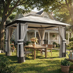 3 x 3.6 m Garden Gazebo with Double Roof, Netting & Curtains, Light Grey