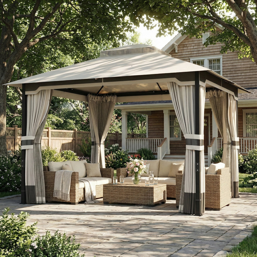 3 x 3.6 m Garden Gazebo with Double Roof, Netting & Curtains, Light Grey