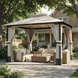 3 x 3.6 m Garden Gazebo with Double Roof, Netting & Curtains, Light Grey