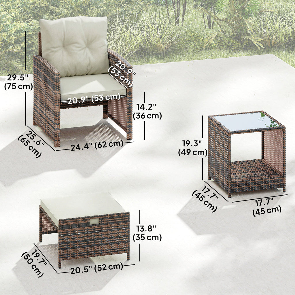 5-Piece Wicker Patio Set with Ottomans & 2-Tier Glass Coffee Table, Brown/Cream