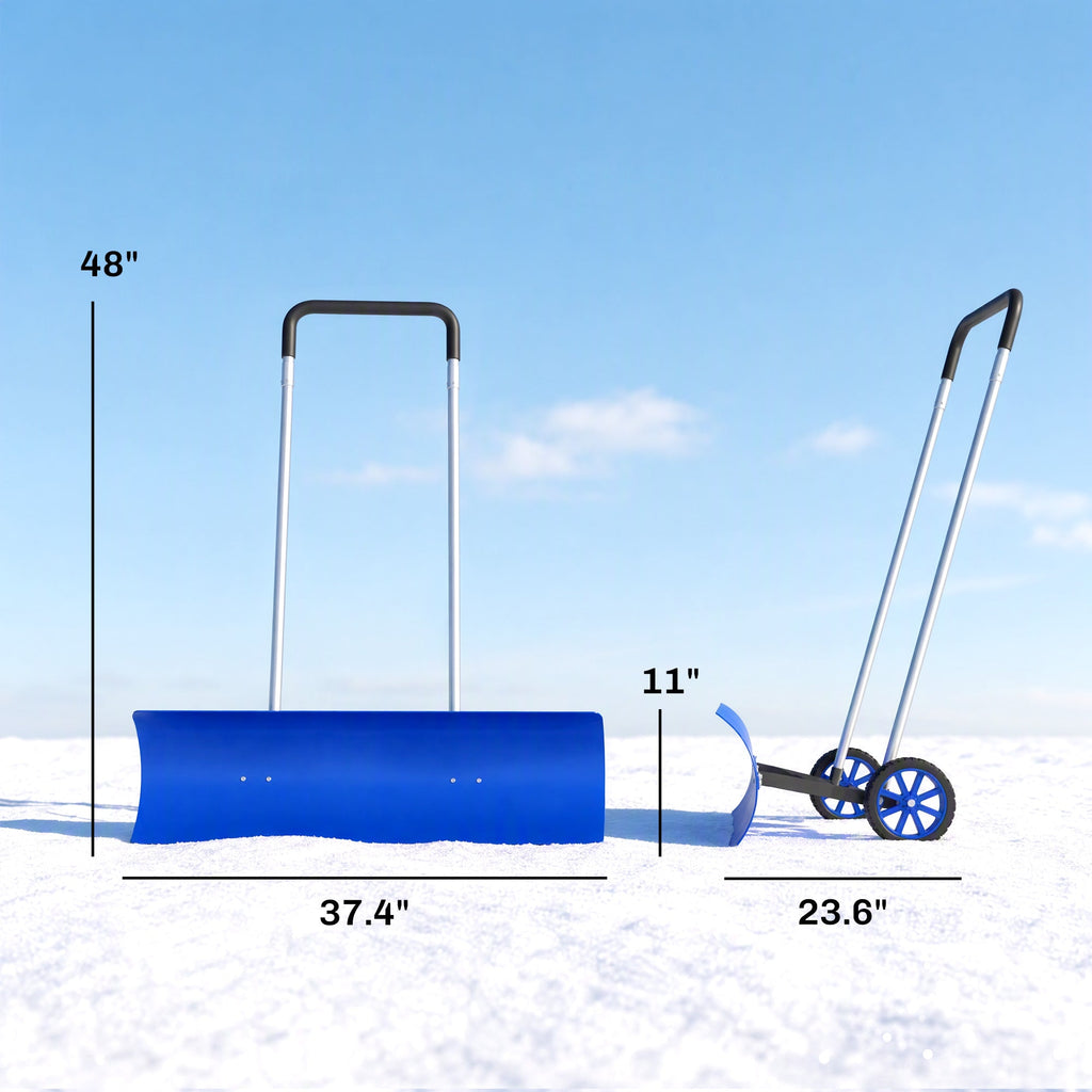 37-Inch Extra Wide Aluminum Snow Pusher with Wheels and Adjustable Handle, Blue