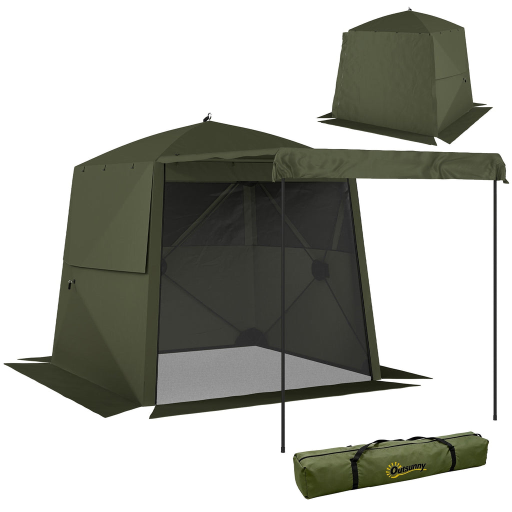 2 x 2 m Pop Up Gazebo with Awning, Sides, Mesh Windows & Carry Bag, Army Green
