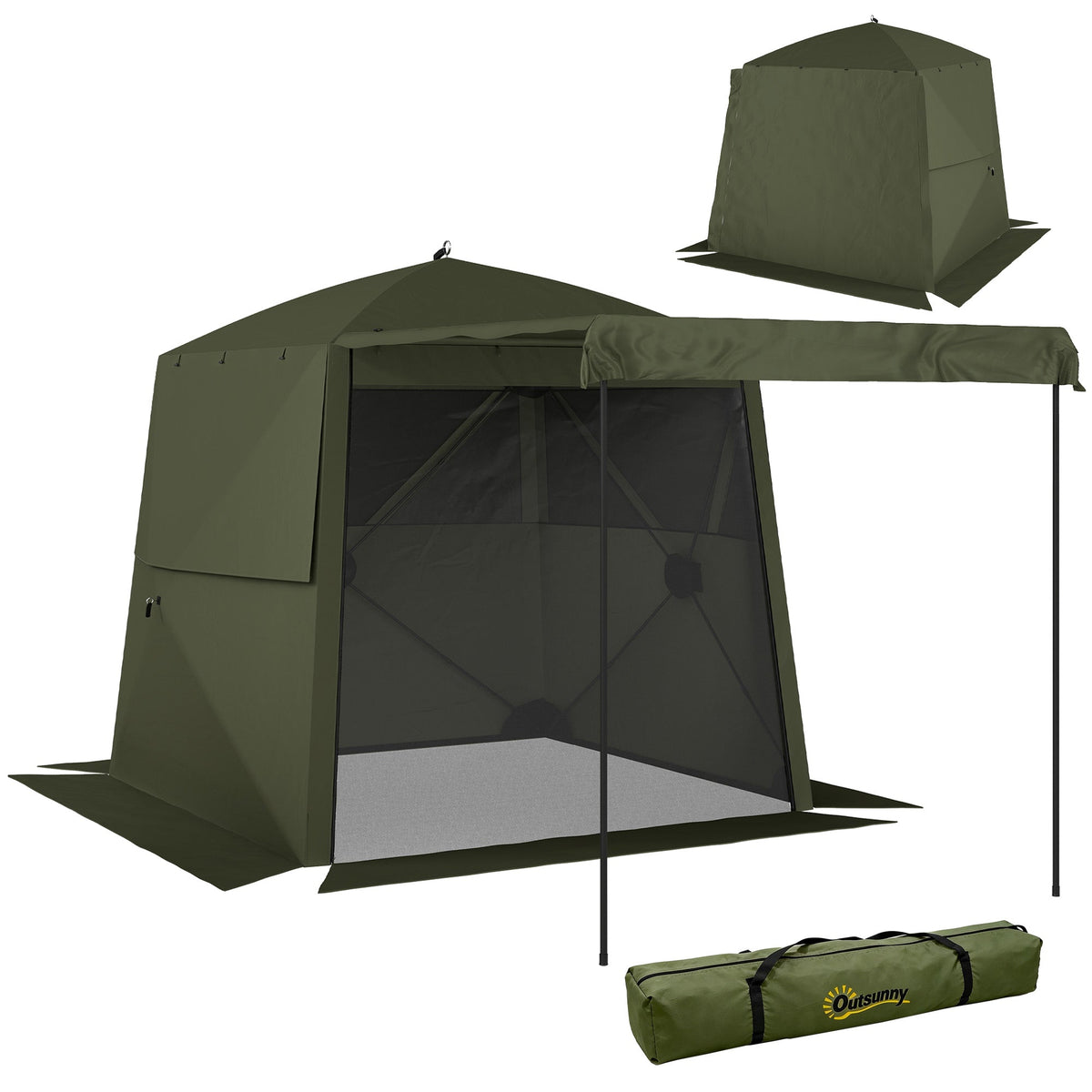 2 x 2 m Pop Up Gazebo with Awning, Sides, Mesh Windows & Carry Bag, Army Green