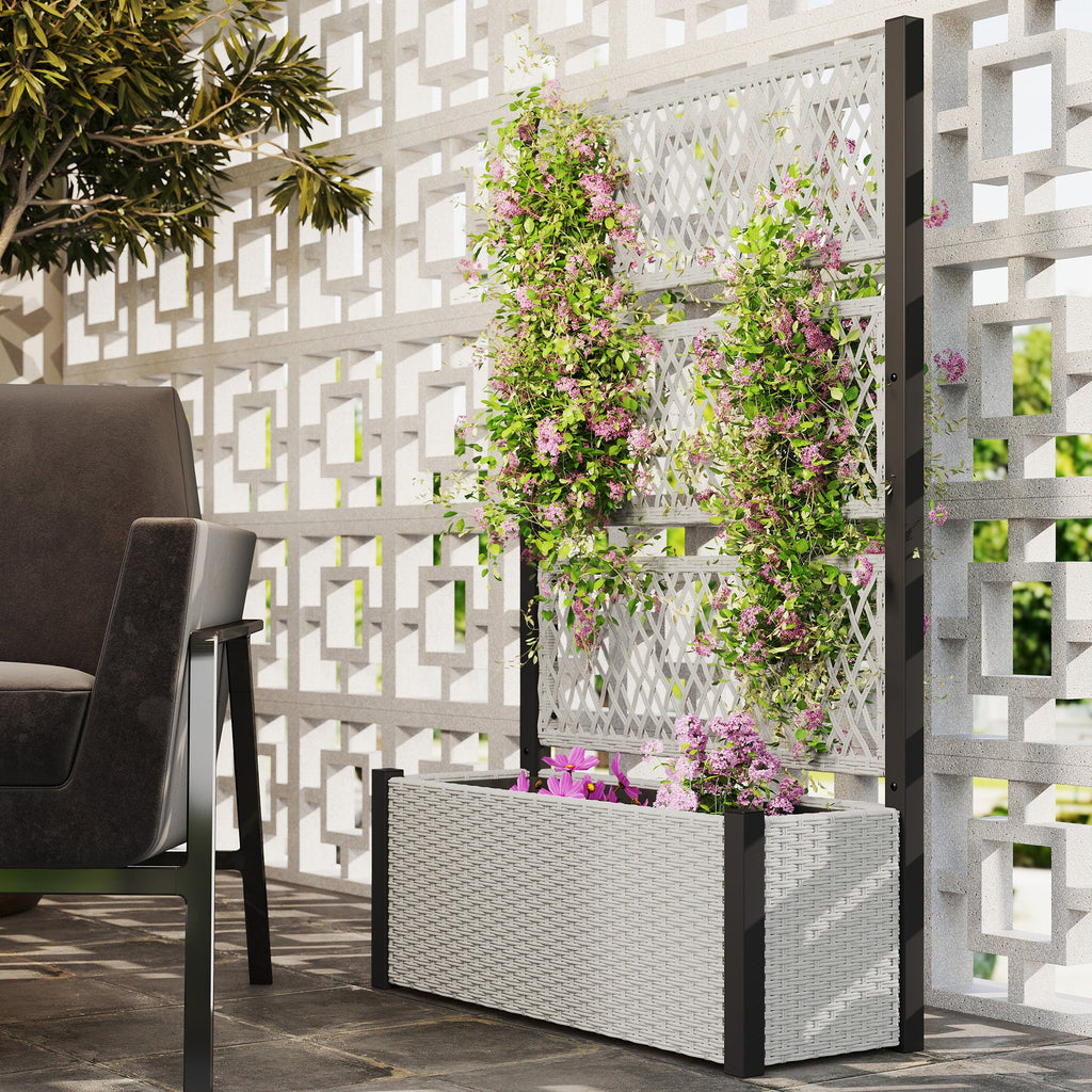 58" Wicker Outdoor Planter with Trellis and Privacy Screen, Mixed Grey