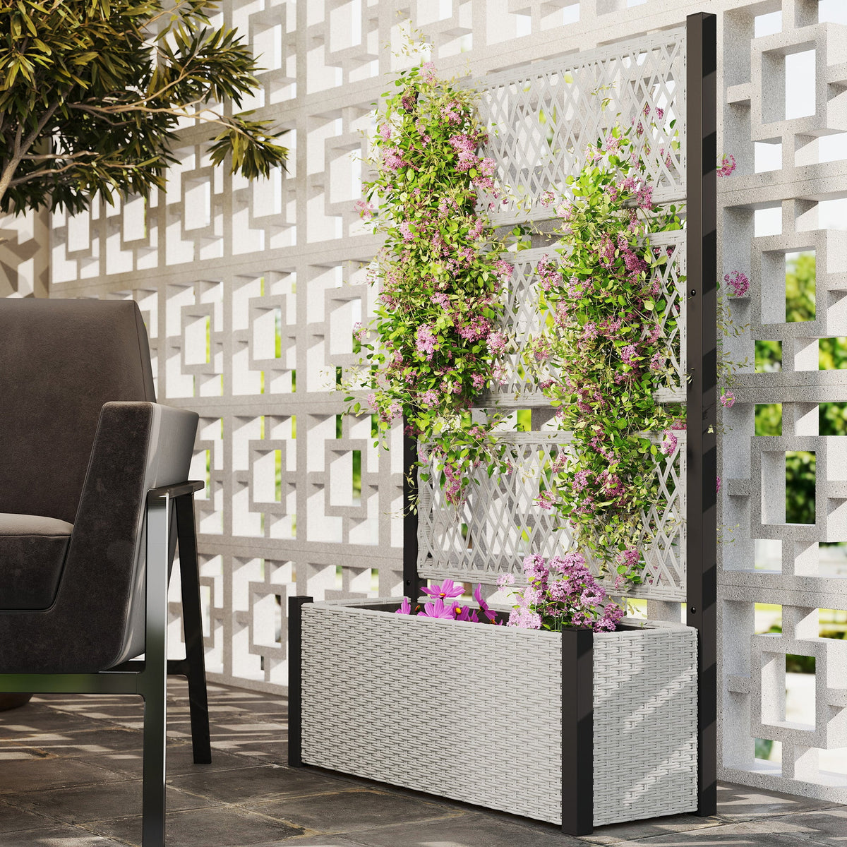 58" Wicker Outdoor Planter with Trellis and Privacy Screen, Mixed Grey