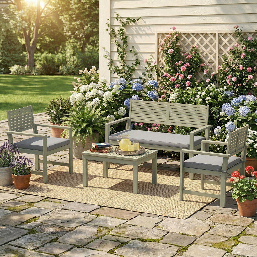 4-Seater Acacia Garden Set with Loveseat, 2 Chairs & Wood Table, Light Grey