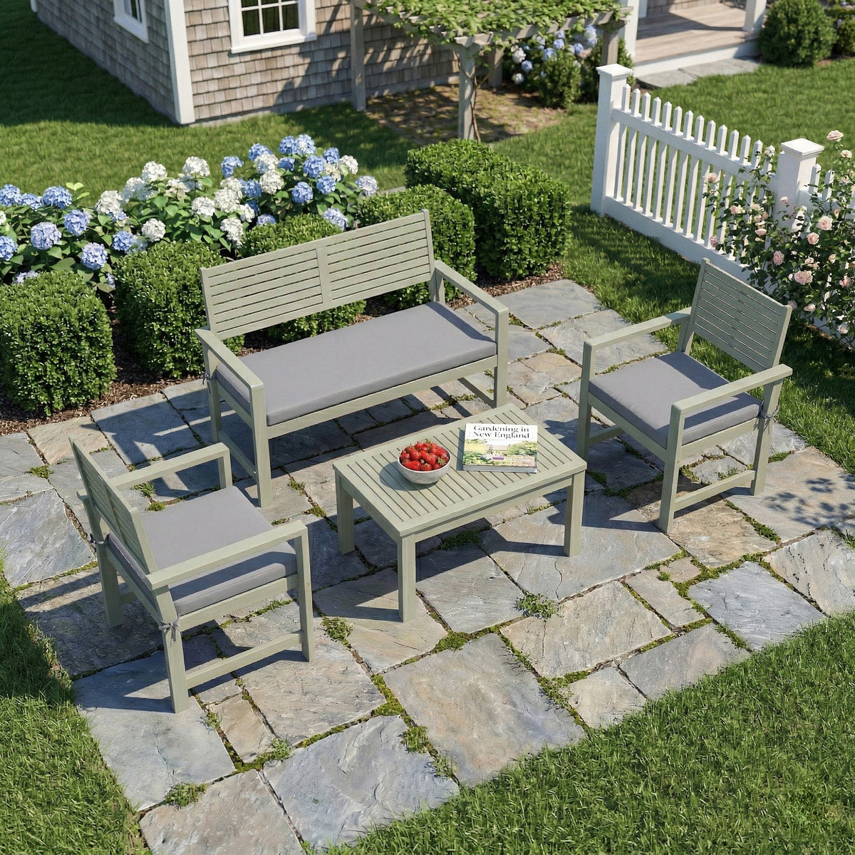 4-Seater Acacia Garden Set with Loveseat, 2 Chairs & Wood Table, Light Grey