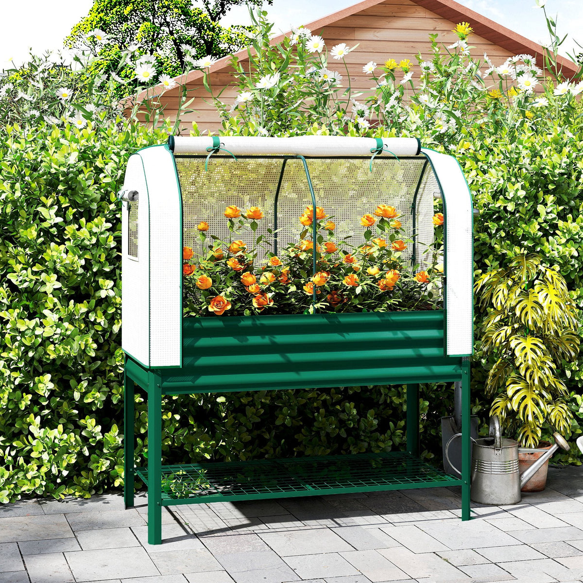 Galvanized Raised Garden Bed with Greenhouse Cover, Green