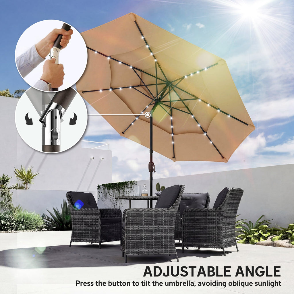 2.8 m Garden Parasol with Solar LED Light, Cover and 3-Tier Top, Khaki