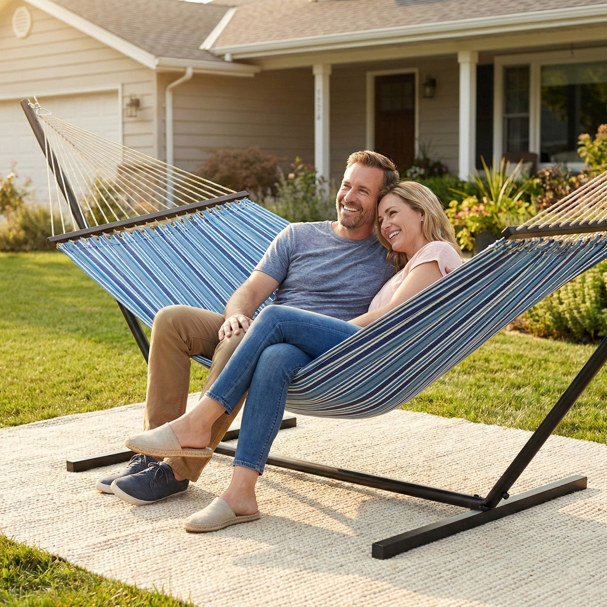 Outdoor Hammock with Stand, Detachable Pillow and Spreader Bars, Blue