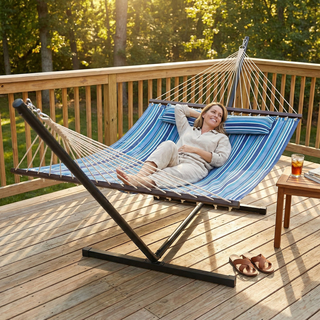 Outdoor Hammock with Stand, Detachable Pillow and Spreader Bars, Blue