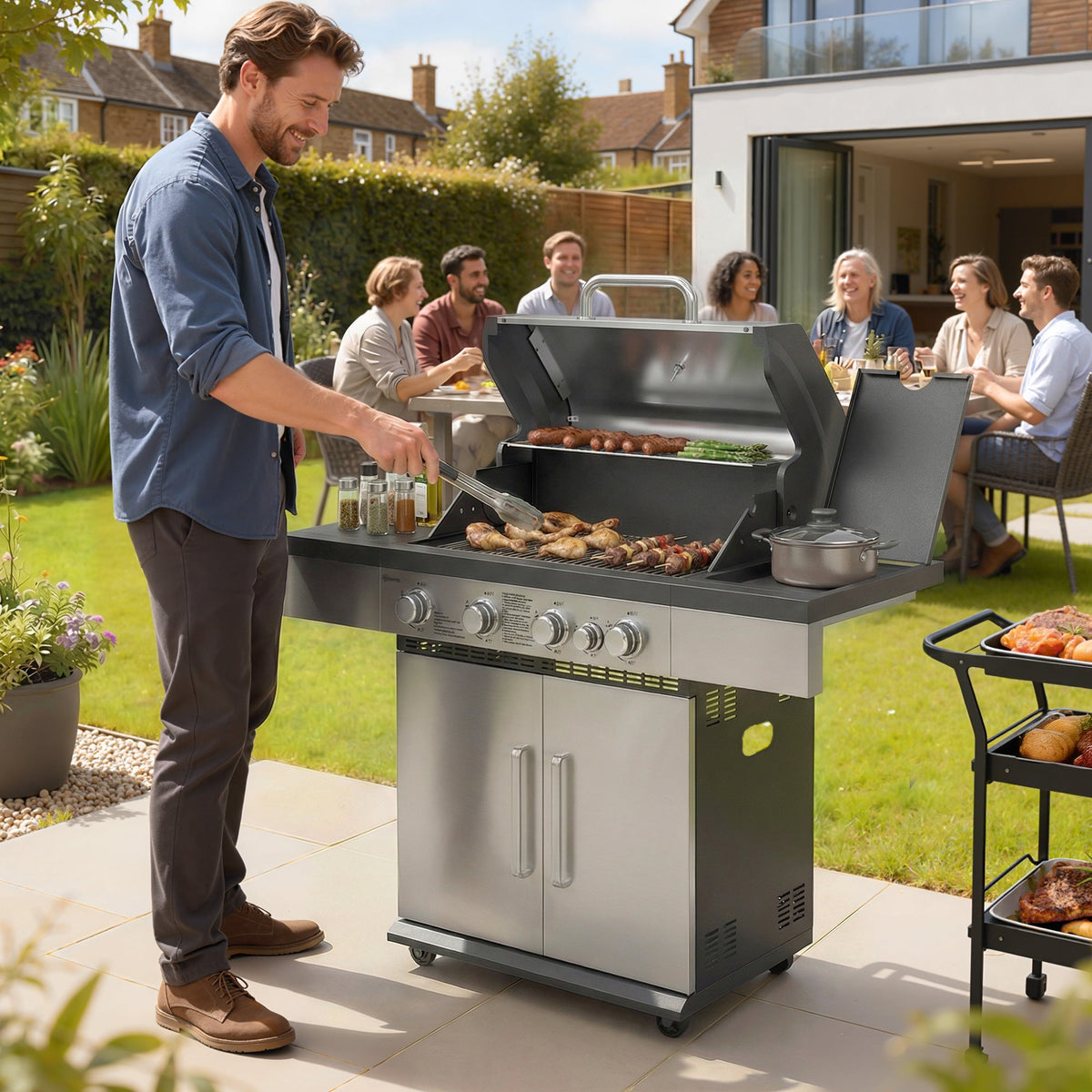 4+1 Burner Gas BBQ Grill with Side Burner and Storage Cabinet