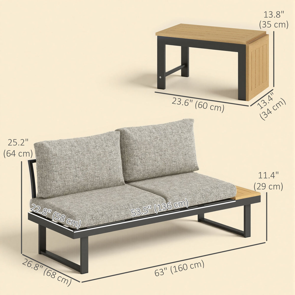 3pc Sectional Patio Set with 2 Loveseats and WPC Table, Light Grey