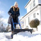 Heavy Duty Snow Pusher with Wheels, 29" x 16.5" Metal Blade, 5-Level Handle, Blue