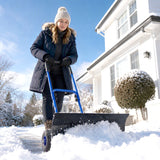 Heavy Duty Snow Pusher with Wheels, 29" x 16.5" Metal Blade, 5-Level Handle, Blue
