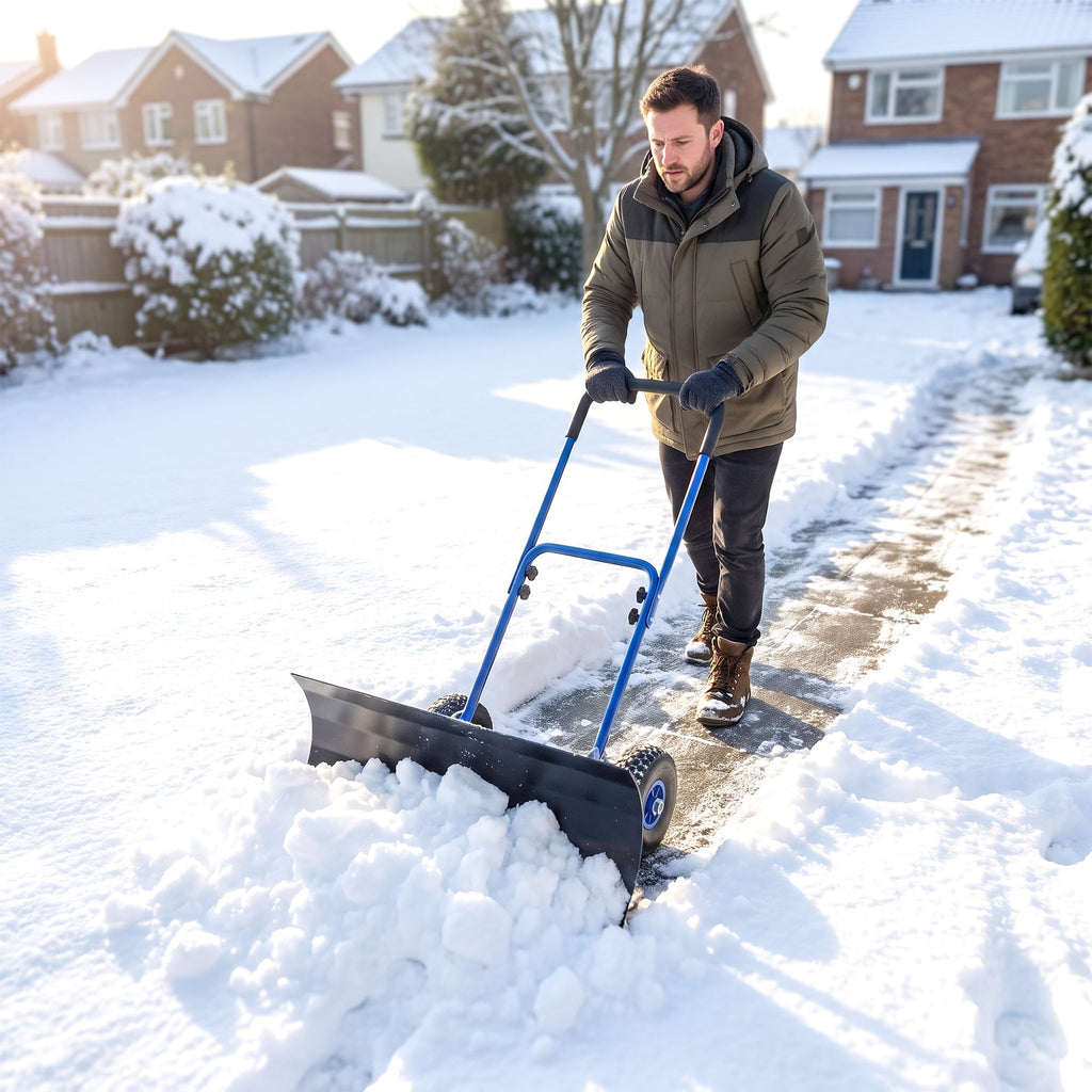 Heavy Duty Snow Pusher with Wheels, 29" x 16.5" Metal Blade, 5-Level Handle, Blue