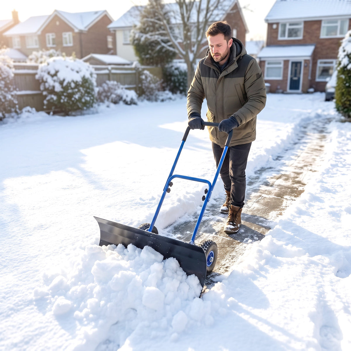 Heavy Duty Snow Pusher with Wheels, 29" x 16.5" Metal Blade, 5-Level Handle, Blue