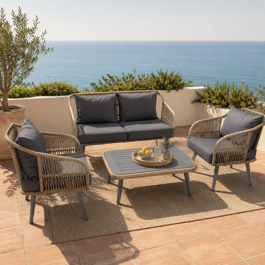 ARVOYA 4-Piece Rattan Conversation Set with Loveseat, 2 Armchairs & Acacia Table, Grey