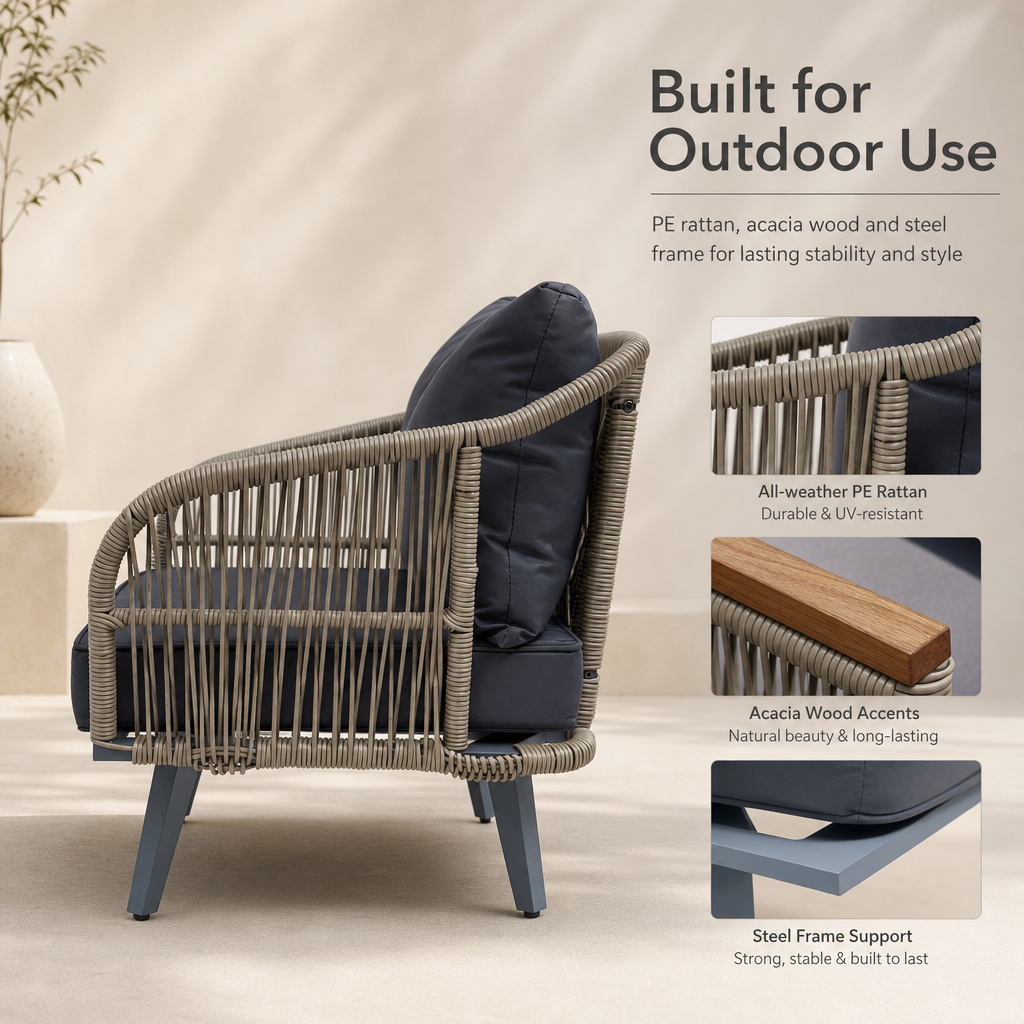 ARVOYA 4-Piece Rattan Conversation Set with Loveseat, 2 Armchairs & Acacia Table, Grey