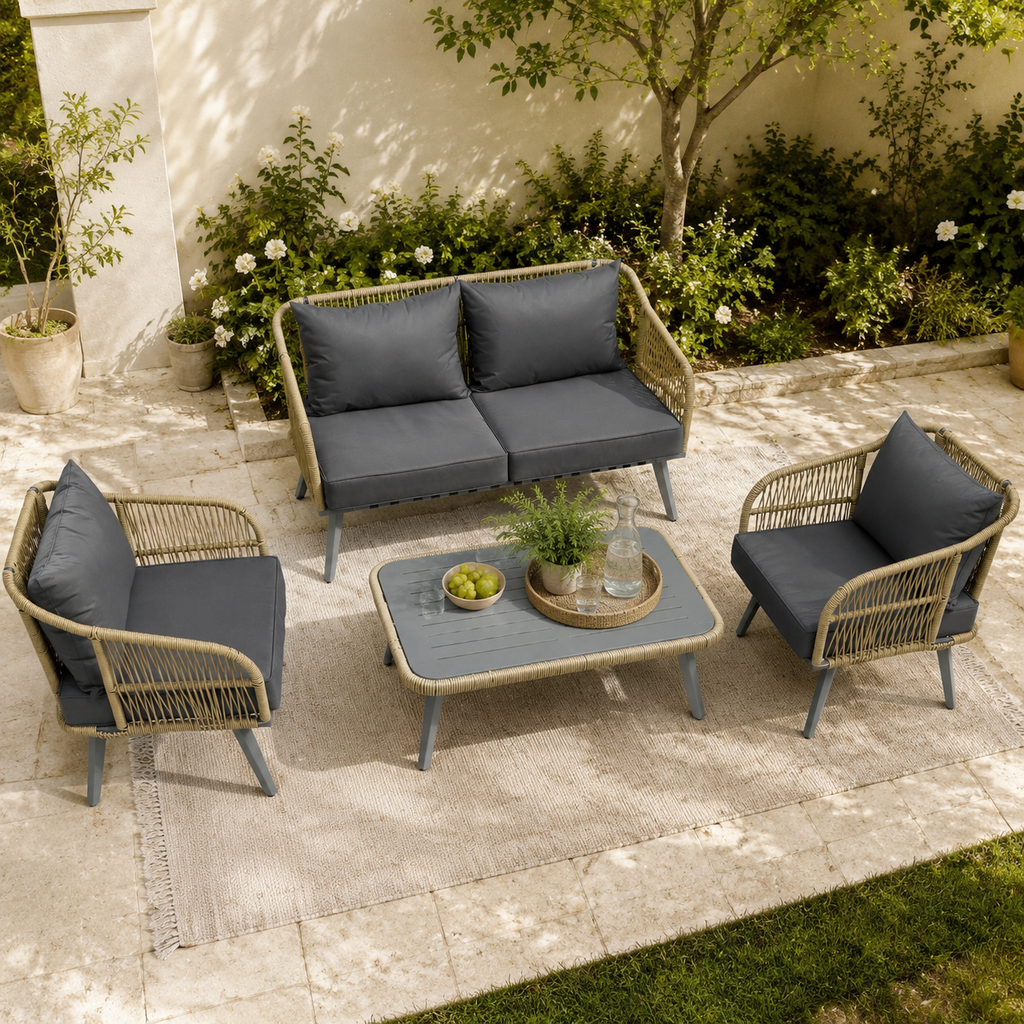 ARVOYA 4-Piece Rattan Conversation Set with Loveseat, 2 Armchairs & Acacia Table, Grey