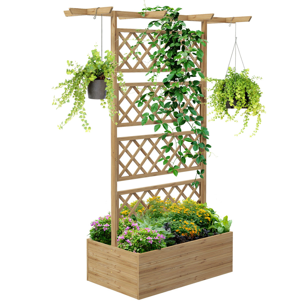 Wood Raised Garden Bed with Trellis, Roof and Privacy Screen, Natural