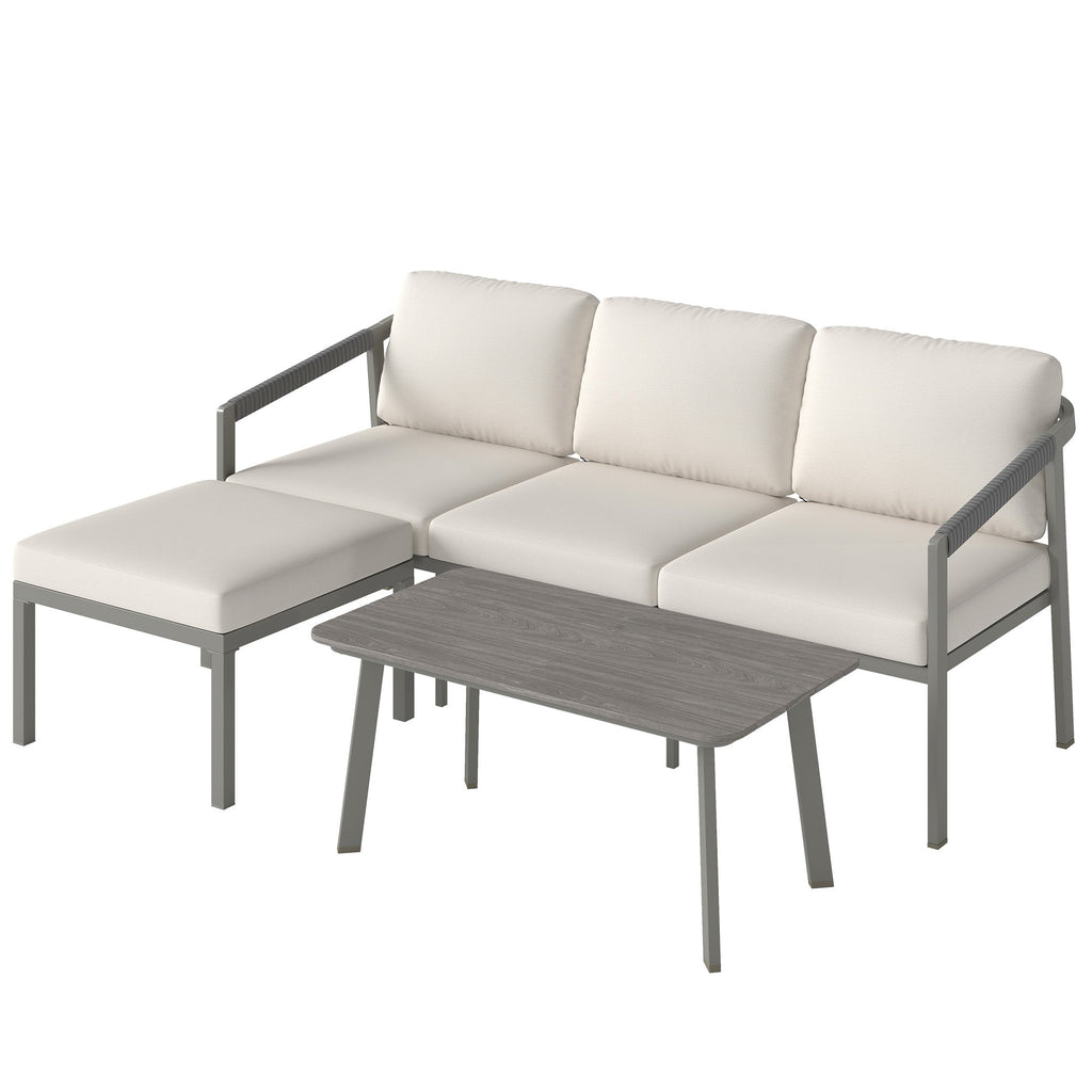 3 Piece Garden Furniture Set with Sofa, Footstool and Coffee Table, Grey