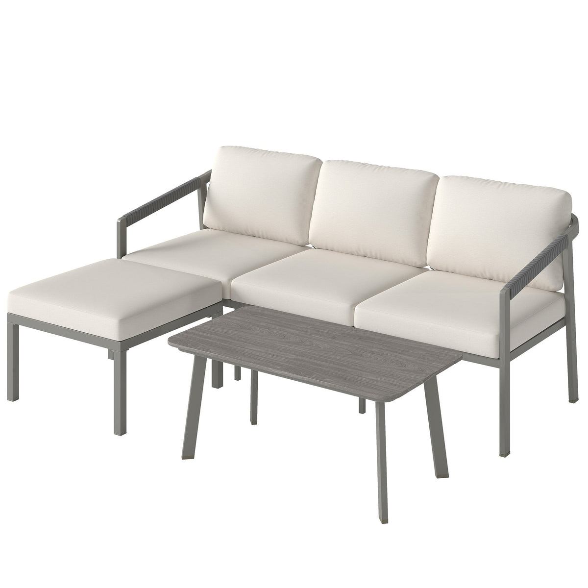 3 Piece Garden Furniture Set with Sofa, Footstool and Coffee Table, Grey