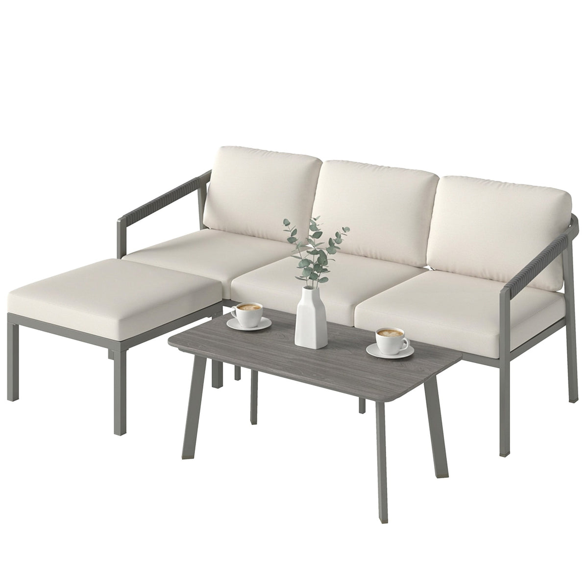 3 Piece Garden Furniture Set with Sofa, Footstool and Coffee Table, Grey